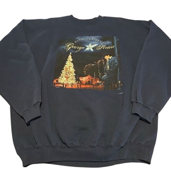 Vintage GEORGE STRAIT Christmas Graphic Hanes Blue Sweatshirt Crewneck Mens 2XL - Picture 1 of 7